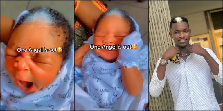 Social media users react as baby is born with striking grey hair like her dad (Video)