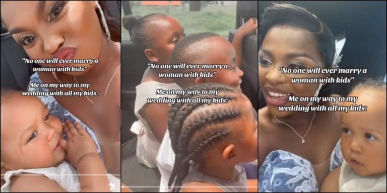 “They said no one will marry a woman with kids” – Lady celebrates as she heads to her wedding with her 4 kids