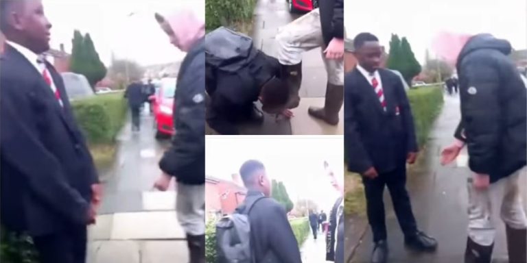 “This is sad” – Trending video of a school kid getting racially abused and assaulted by a group of white kids in the UK (Watch)
