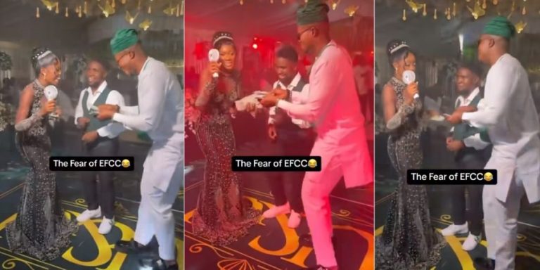 “The fear of EFCC” – Reactions as comedian Zicsaloma gradually hands money to bride on her wedding day, rushes to pick cash on the floor (Video)