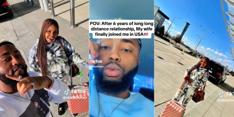 “Long distance relationship” – Man expresses joy as wife reunites with him in USA after 6 years (Video)