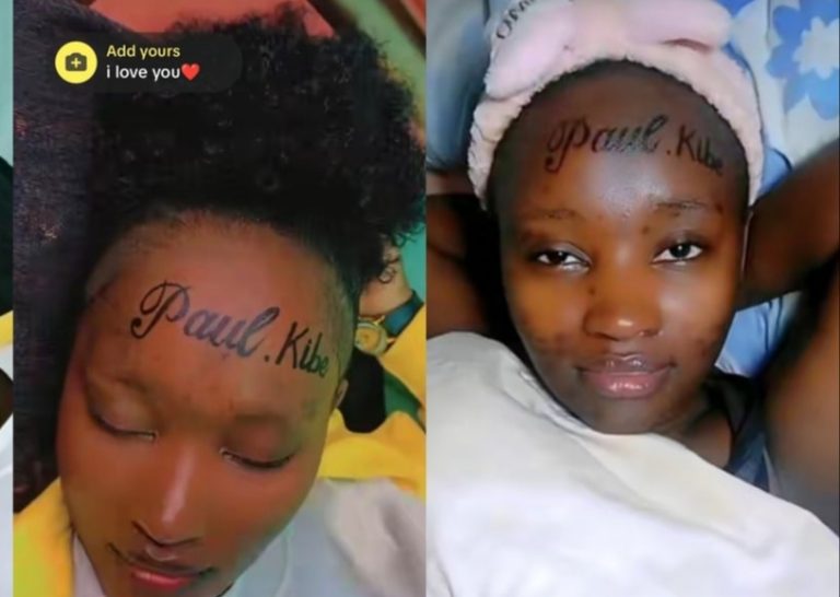 Young lady tattoos boyfriend’s name, Paul Kibe on forehead