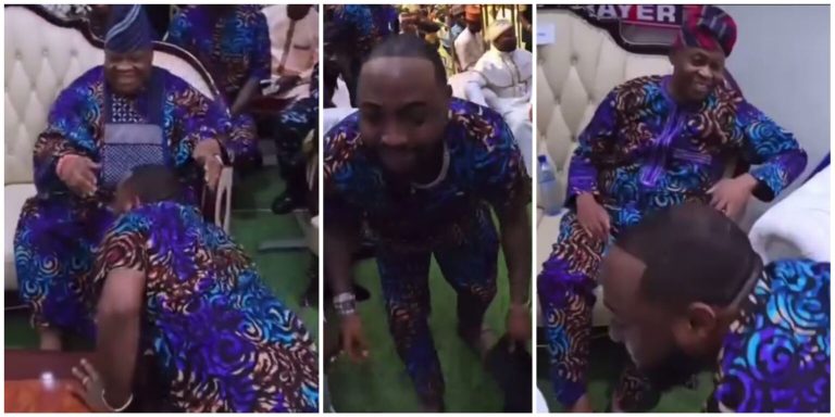 ‘Proper yoruba man’ – Fans gush over video of Davido prostrating to greet family members at event in Ibadan (Video)
