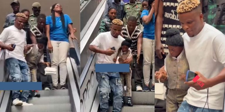 Funny moment Aunty Ramota almost loses it inside escalator at the mall sparks reactions online (Video)