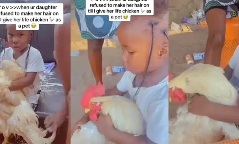 “The kind children them dey born this days be gods” — Little girl refuses to make her hair without holding live chicken