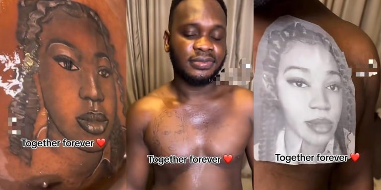 ”Together forever’- Nigerian man says as he tattoos wife’s face on his chest