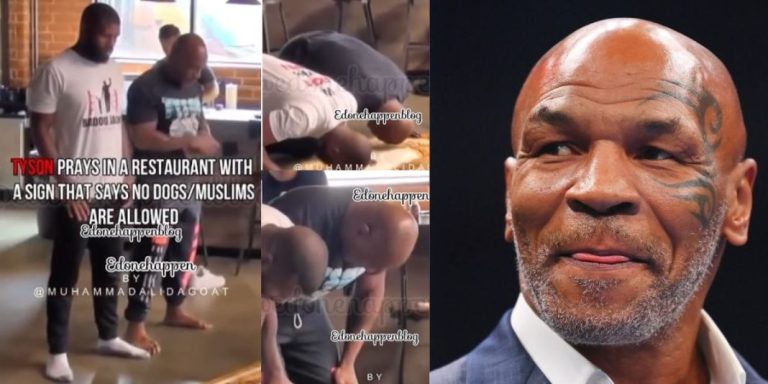 “E don happen” – Mike Tyson and 2 other boxers observe prayer in front of restaurant that says “No dogs or Muslims allowed” (Video)