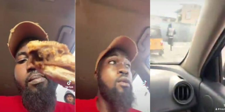 ”This country nawa” – Man shocked as passerby snatches chicken lap from his mouth in Lagos traffic