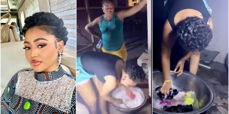 “She knows her worth but she is still humble” – Fans react as Regina Daniels washes plates and clothes at home for her mum (VIDEO)