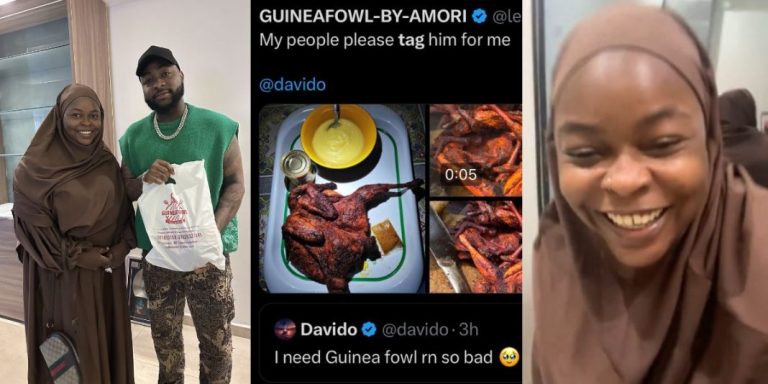 “He is full of support” – Davido makes Guinea fowl vendor overexcited as he patronizes her (Photos/video)