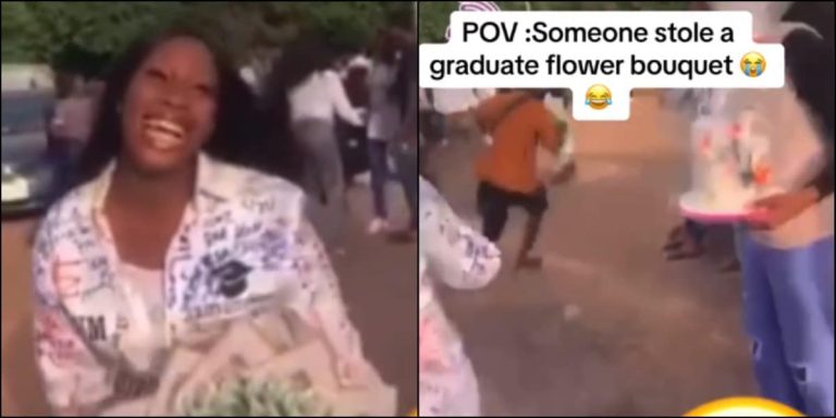 Commotion as beggar snatches graduate’s money bouquet, runs away with it