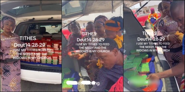 Reactions as woman uses her tithe to feed the needy and less privileged (Video)