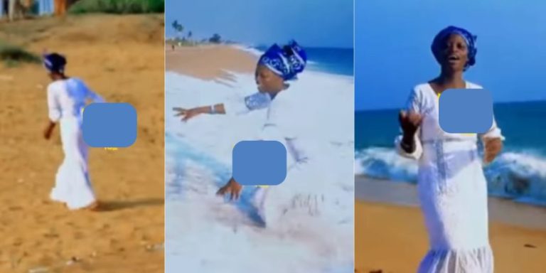 “Y’all need to be very careful” – Moment gospel singer runs for life after ocean rushes to her while shooting music video (Watch)