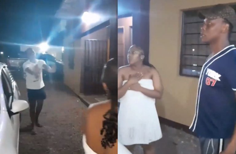 Husband cries out as he returns to meet cheating wife wearing towel while with another man (Video)