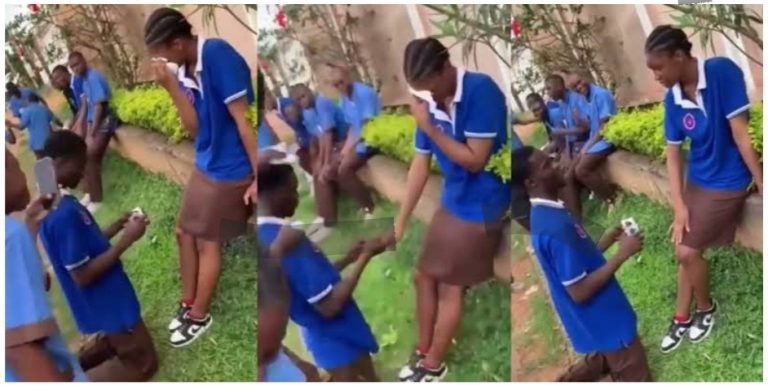 Secondary school student proposes to girlfriend, she sheds tears of joy (Video)