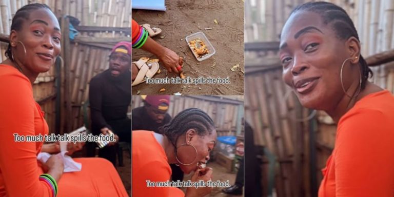 “Ah! wetin devil don chop” – Moment Kiekie picks up her fish that falls on the ground and eats it while on set with other actors (Video)