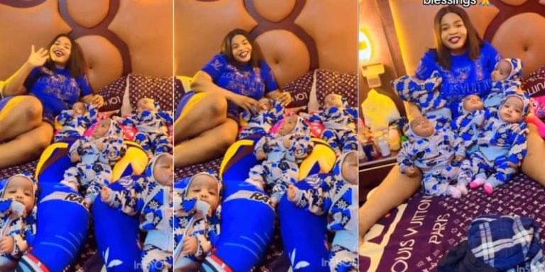 ”It ended with multiple blessings” – Nigerian lady welcomes quintuplets after 9 years, flaunts them in sweet video (Watch)