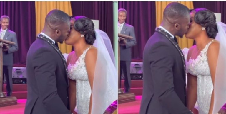 “He wish to be young again” – Nigerian pastor lost in love as couple locks lips passionately inside church (Video)