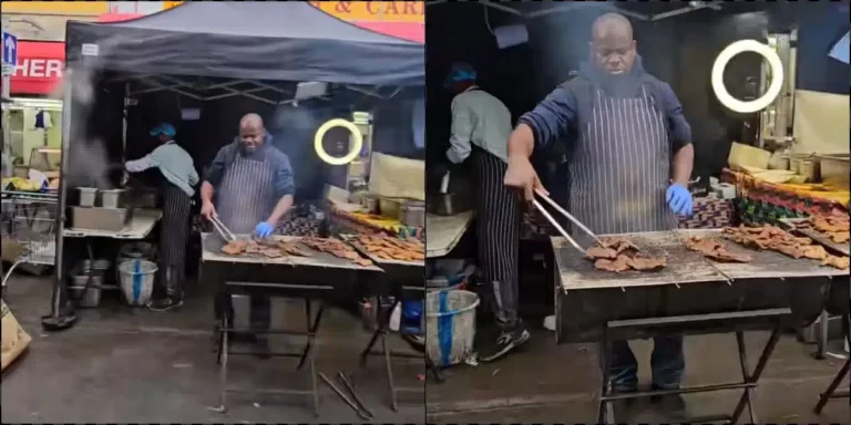 ”He fit be bank manager for Nigeria” – Reactions as Nigerian man is spotted selling suya in London (Video)