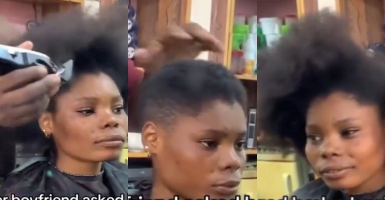 “Can you do this for love?” – Young lady raises eyebrows as she cuts her long beautiful hair due to her boyfriend’s love for lowcut (Video)