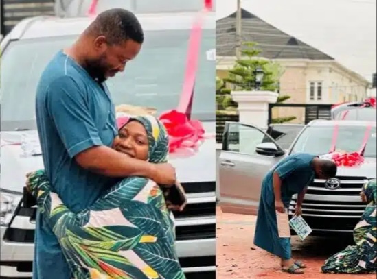 Beautiful Nigerian wife kneels down to thank her husband as he gifts her a new car