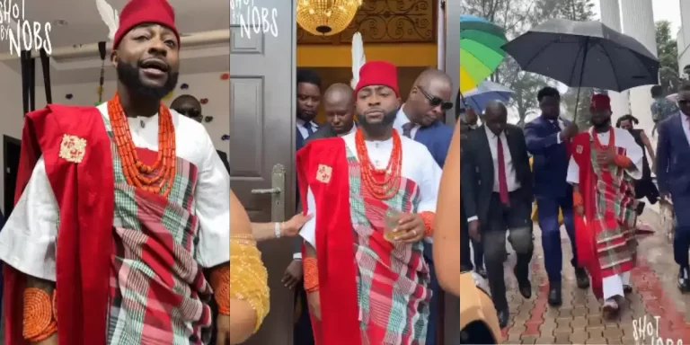 “Igbo Kwenu” – Davido says as he stuns in Igbo attire while heading to his wedding venue (Photo)