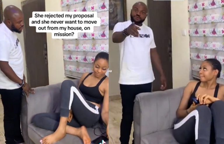 Drama as man meets girlfriend in his house moments after she rejected his public proposal, says she’s not ready for marriage (Video)