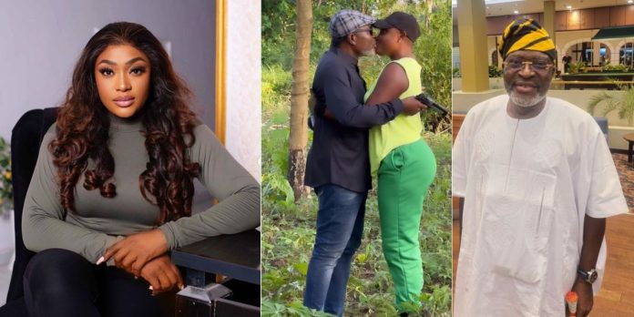 “Uncle Kanayo you still dey kiss” – Reactions as Lizzy Gold locks lips with Kanayo on movie set (Video)