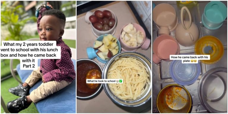 Nigerian mum celebrates as 2-year-old son returns from school with empty flasks after packing plenty of food for him