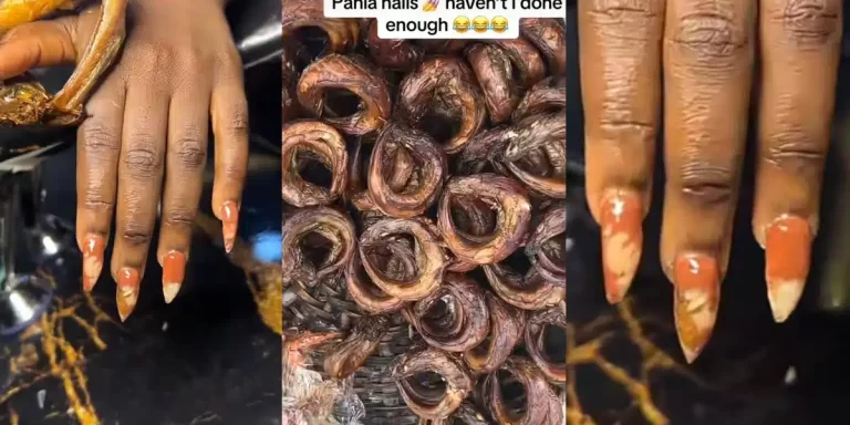 Lady takes fashion to the next level by applying fish to her nails