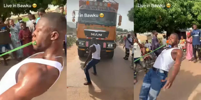 Man stirs massive reaction as he pulls truck with teeth in viral video