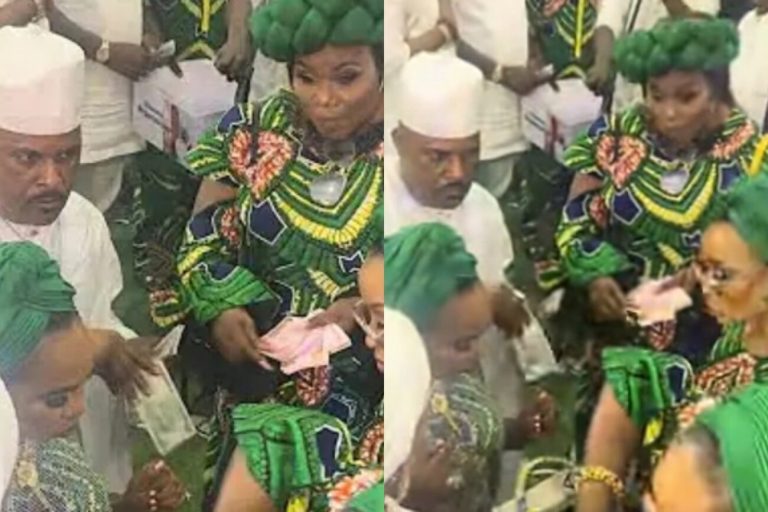 Saidi Balogun makes money rain on ex-wife Faithia Williams at her father’s burial (Video)