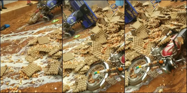 Video stirs sympathy as man faces huge loss as tricycle carrying crates of eggs crashes