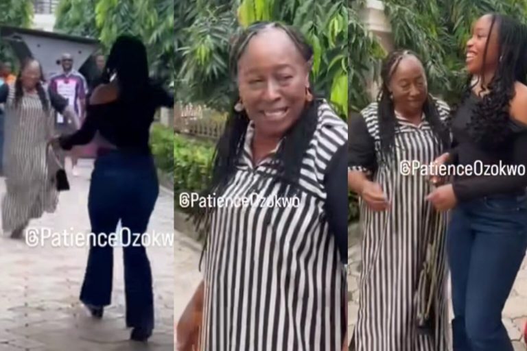 “They always love their grandchildren more” – Adorable moment Patience Ozokwo’s granddaughter surprises her on movie set (Video)