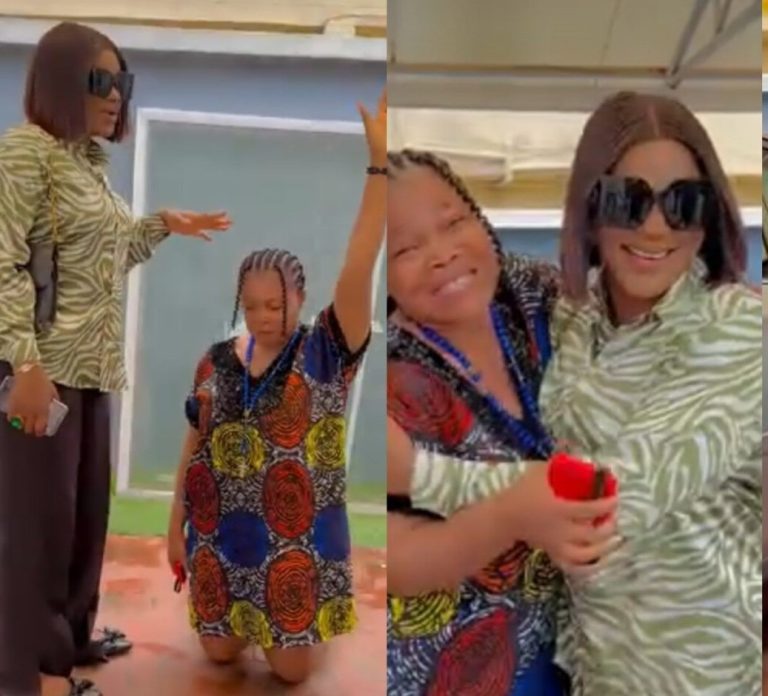 Adorable moment Chacha Eke rains prayers on Ruby Ojiakor as she blesses her new car (Video)