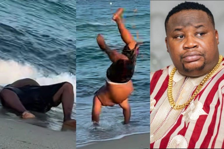 “He needs to hit the gym” – Reactions as Cubana Chief Priest somersaults on the beach and struggles to get up (Video)