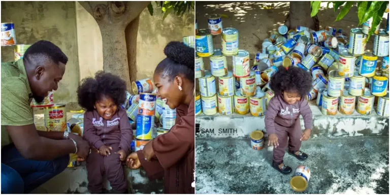 Nigerian man shows off stack of milk tins his daughter consumed at 2