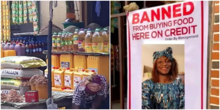 Reaction as vendor prints banner of lady who allegedly bought food on credit from her, posts it in front of her shop