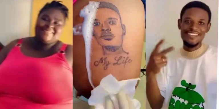 “My life” – Lady writes as she tattoos boyfriend’s face on her lap