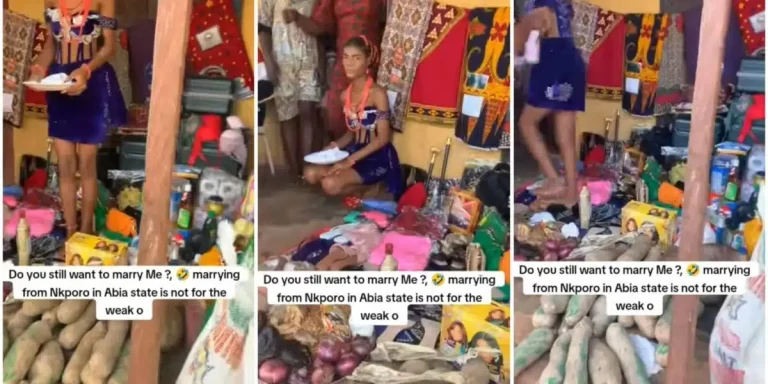 Young lady shows off items her husband brought as her bride price