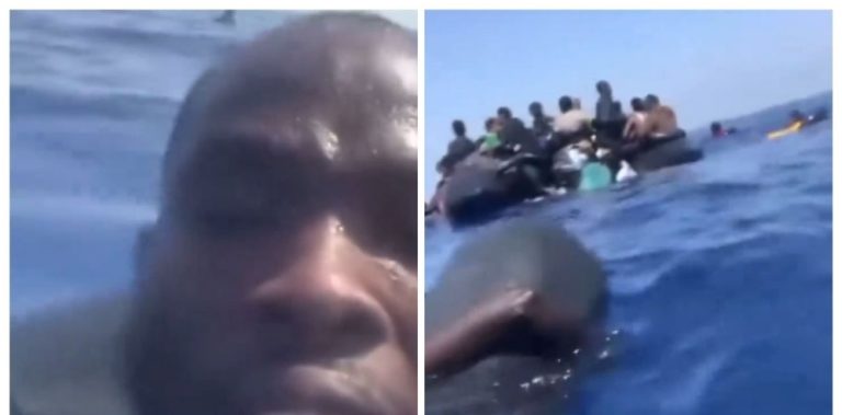 Nigerian man travelling to Europe through the Mediterranean Sea cries out for help after the boat conveying him and other men capsizes (video)