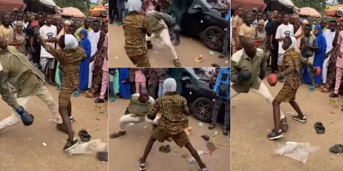 Video trends as young girl beats full-grown man mercilessly during serious street boxing match (Watch)