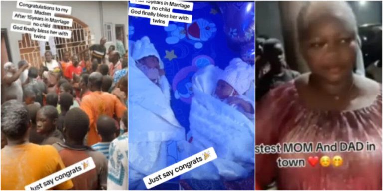 “They must be very good for people to celebrate them like this” – Reaction as neighbors gather to celebrate with woman who welcomed twins after 15 years of childlessness