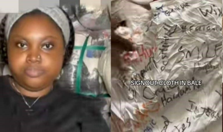 Thrift vendor rants as she finds sign-out shirt inside imported bale of clothes