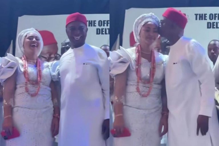 Ned Nwoko peppers wife Regina Daniels’ haters as he kisses her at a public event; netizens react (Video)