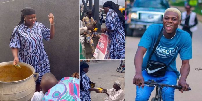 Nigerian lady warms hearts as she gives out food to beggars on street in first year remembrance of Mohbad (Video)