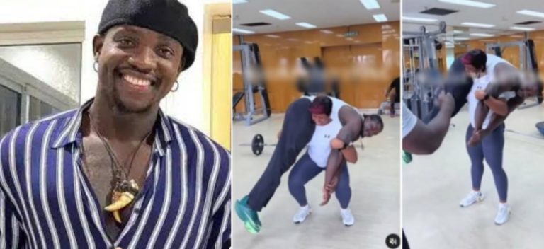 Reactions as lady effortlessly lifts Verydarkman, uses him for squats repeatedly in viral video