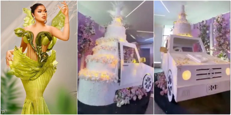 “They need to re-arrest him, 200m G-wagon cake?” – Reactions as Bobrisky celebrates 33rd birthday with 200 million Naira gigantic G-Wagon cake, enters it at party (Video)