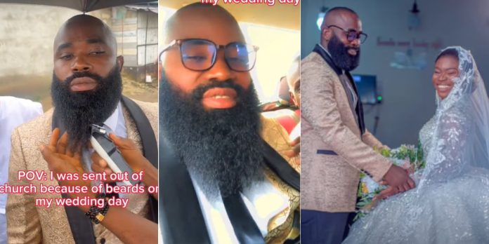 Reactions as pastor sends groom out of church on wedding day because of his fully-grown beards (Video)