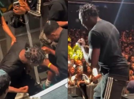 Days after breaking a fan iPhone 16 in Paris, Asake engages in a boxing fight with his bodyguard on stage (Video)